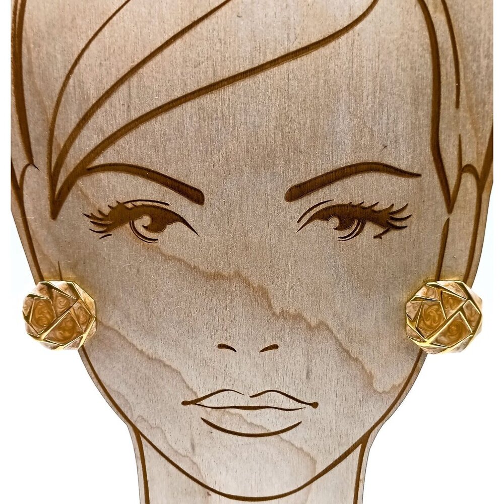 Abstract Octagonal Monet Earrings, Gold Tone Studs with Peach Swirl Enamel Geome